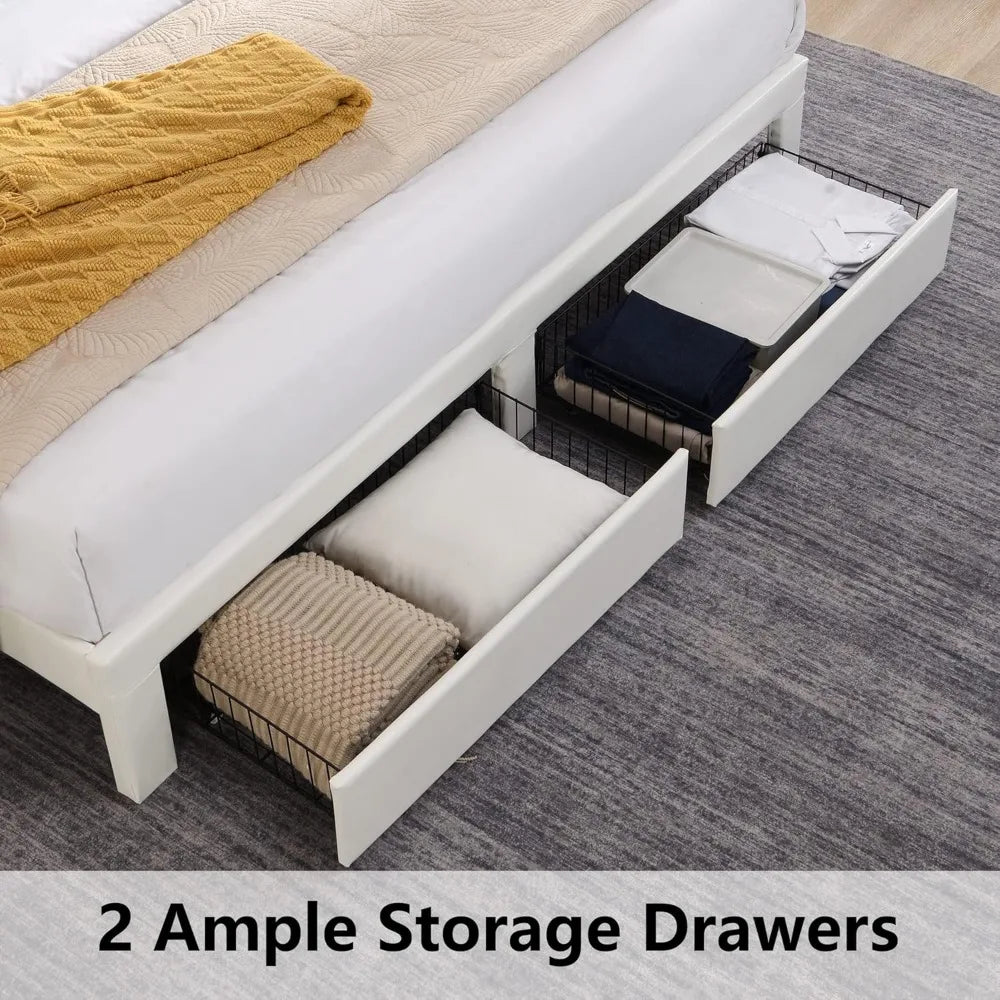 Upholstered Bed Frame Queen Size with Headboard with Storage Drawers & Charging Station,No Box Spring Needed/Heavy Duty