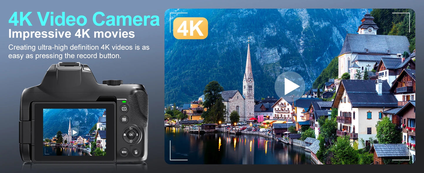 4K HD Digital Camera for Photography Auto Focus 12X Optical Zoom Vlogging Camera for YouTube 72MP WiFi Livestream Video Cameras