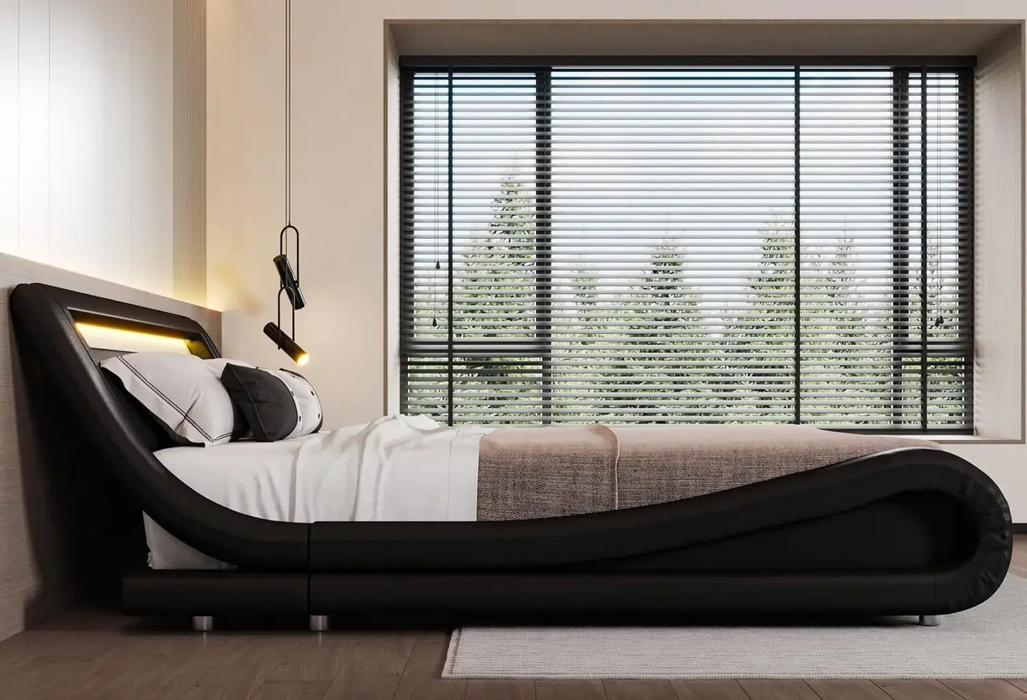 Deluxe Upholstered LED King Bed Frame with Adjustable Headboard - Low Profile Sleigh Design - Strong Wood Slats Support, No Box