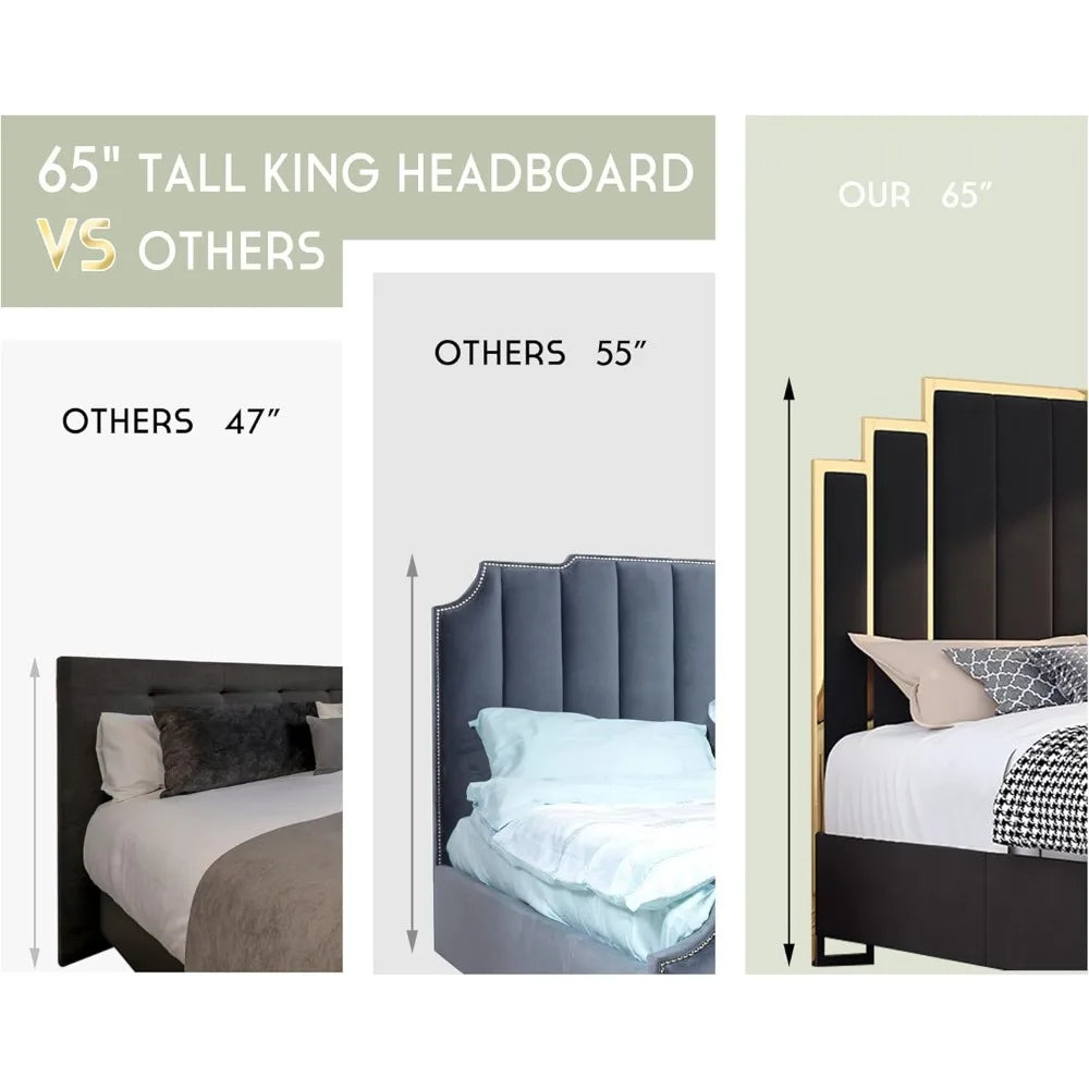 bedstead King Size and 65" Headboard, Upholstered Bed with Golden Plating Trim, Platform Bed No Box Spring Needed,bedstead