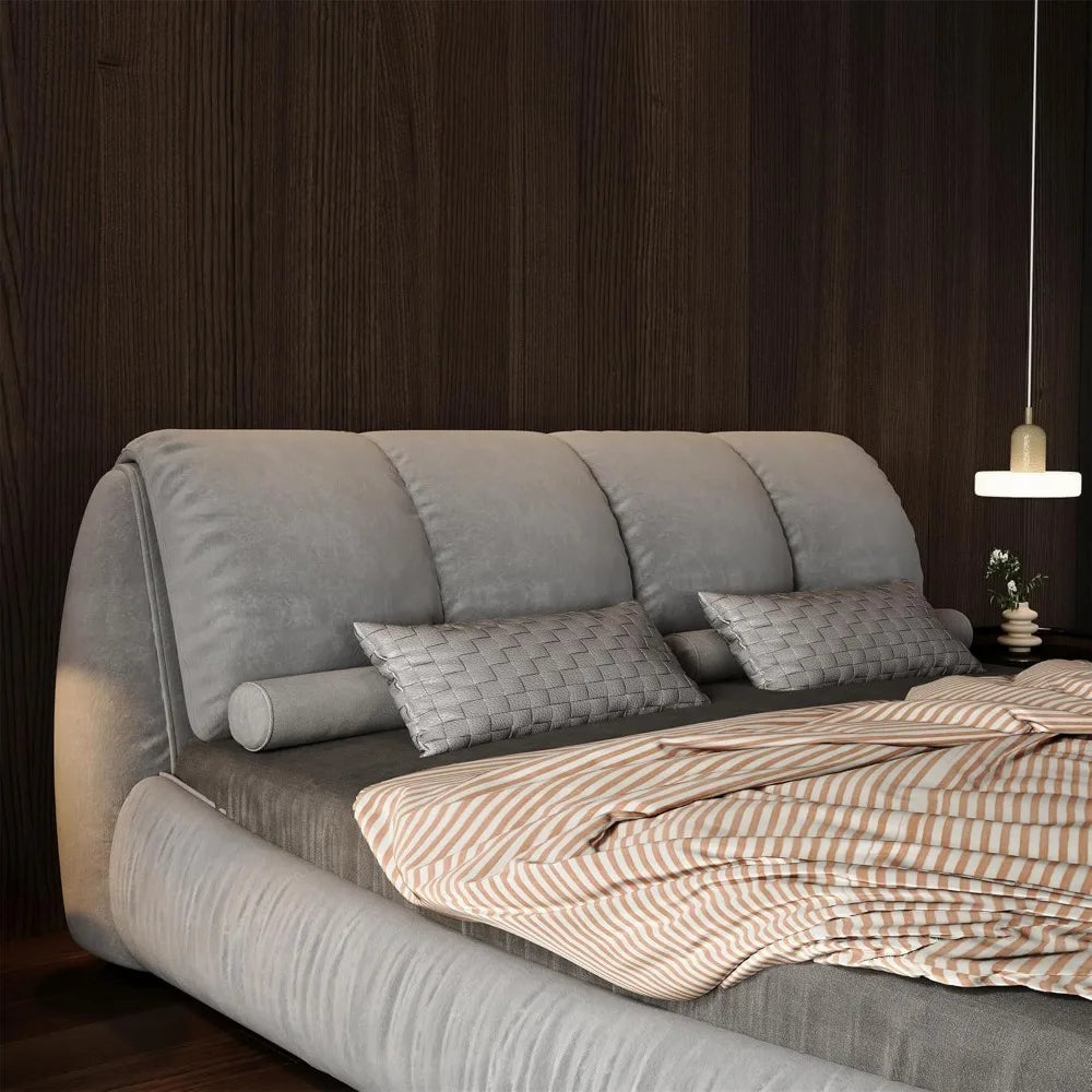 Deluxe king-size upholstered platform bed with upholstered backrest, soft-framed cloud bed, thickened pine slats, metal legs