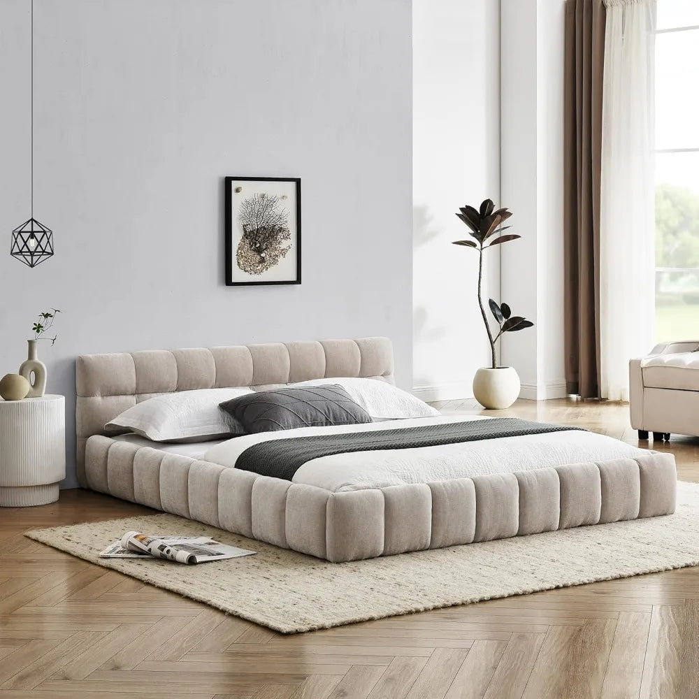 Queen Size Upholstered Grounded Bed with Bedside Desk and Stool,Upholstered Headboard,Grounded Upholstered Wood Base Bed Frame
