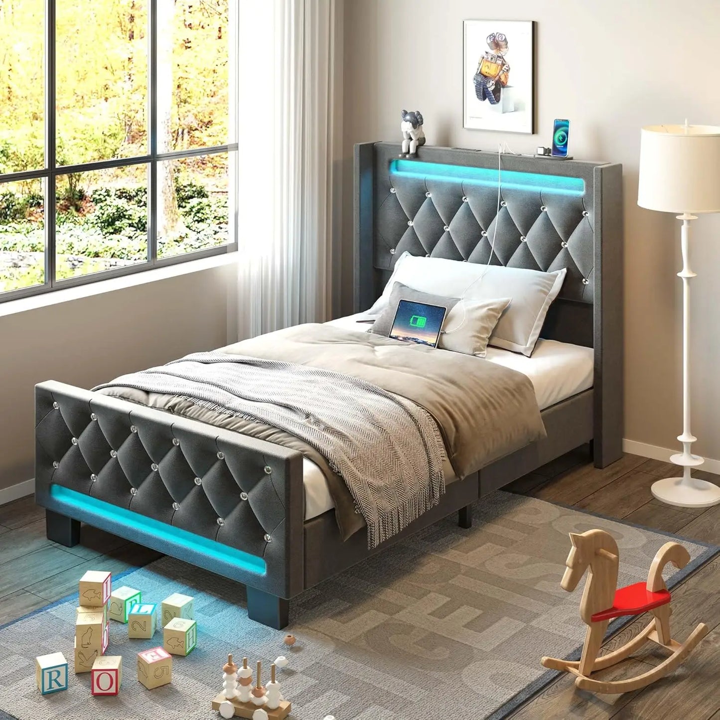 Twin Bed Frame with LED Light and Charging Station, Upholstered High Headboard and Footboard, Wood Slats, Noise Free, Grey