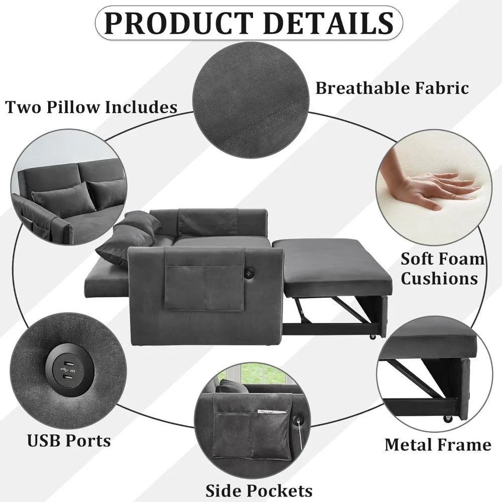 3 in 1 Pull Out Convertible Sofa Bed-Velvet Sleeper Sofa with 3Level Adjustable Backrest,Tufted Love Seat w/ 2Pockets & 2Pillows