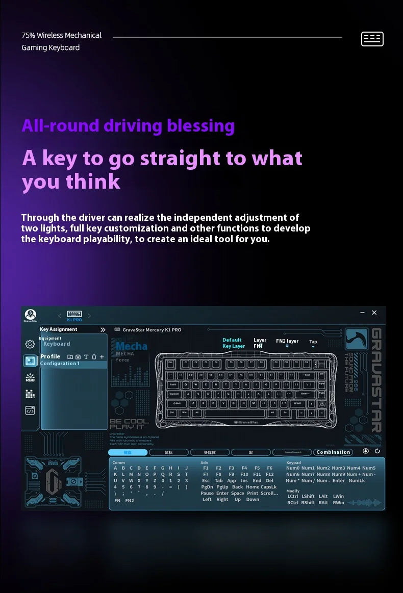 GravaStar 75k1pro Esports Gaming Mechanical Keyboard 79 Key Cyberpunk Theme Aluminum Alloy Keyboard Tablet Laptop Office Gaming