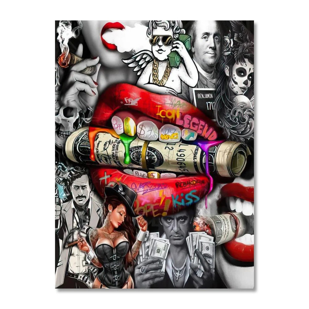 Luxury Dollar Sexy Lips Wall Art Poster Graffiti Abstract High End Mural Modern Home Room Decor Canvas Painting Picture Prints