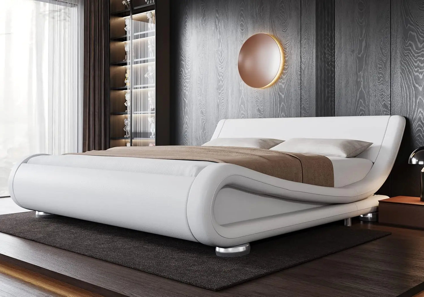 Upholstered Platform Bed Frame with Ergonomic & Adjustable Headboard, Modern Low Profile Sleigh Design