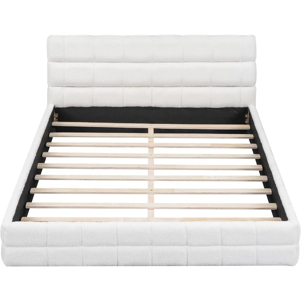 Large Cushioned Platform Bed Frame, Berber Wool Cushioned Grounded Bed with Solid Frame and Tufted Headboard