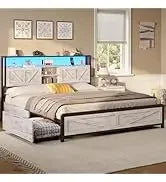 Queen Floating Frame RGB LED Lights ,USB-C/A Power Combo,Linen Upholstered Platform Bed with Storage Headboard