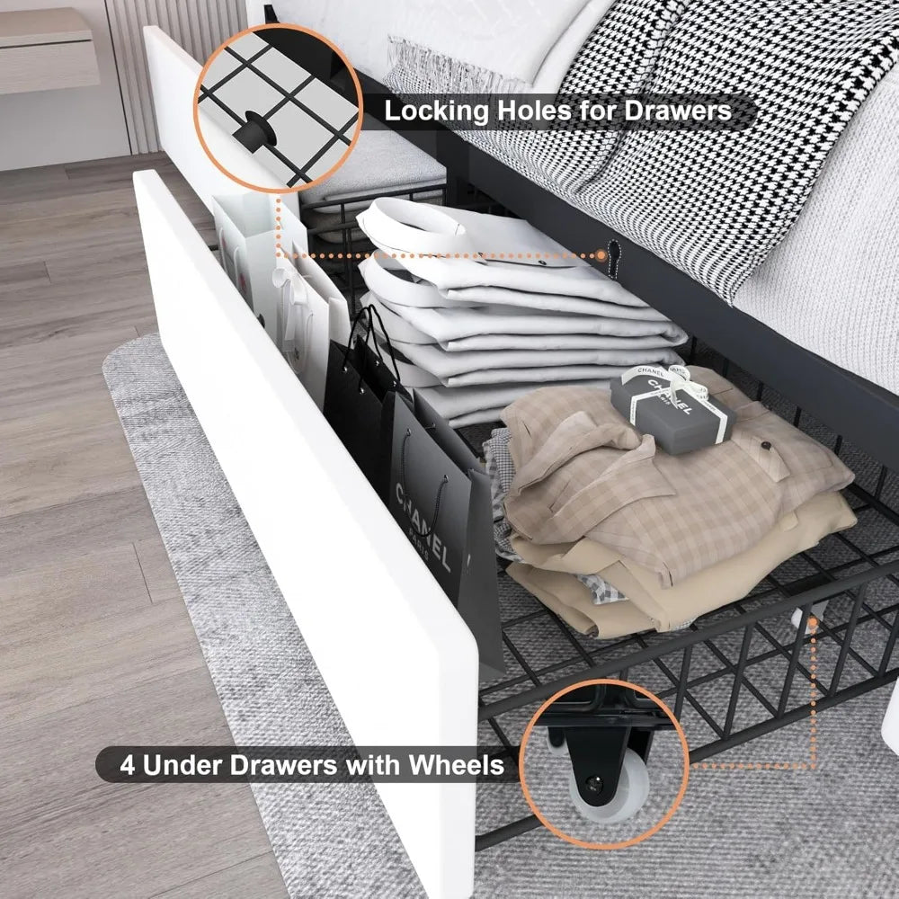 Queen Size Bed Frame with 4 Drawers and Adjustable LED Headboard,PU Leather Upholstered Platform Storage Bed w/Charging Station
