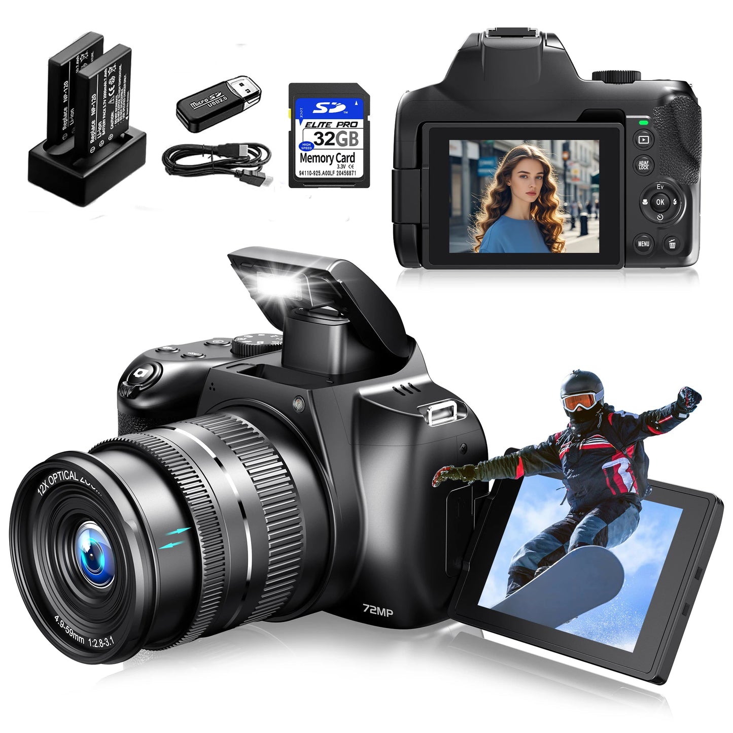 4K HD Digital Camera for Photography Auto Focus 12X Optical Zoom Vlogging Camera for YouTube 72MP WiFi Livestream Video Cameras