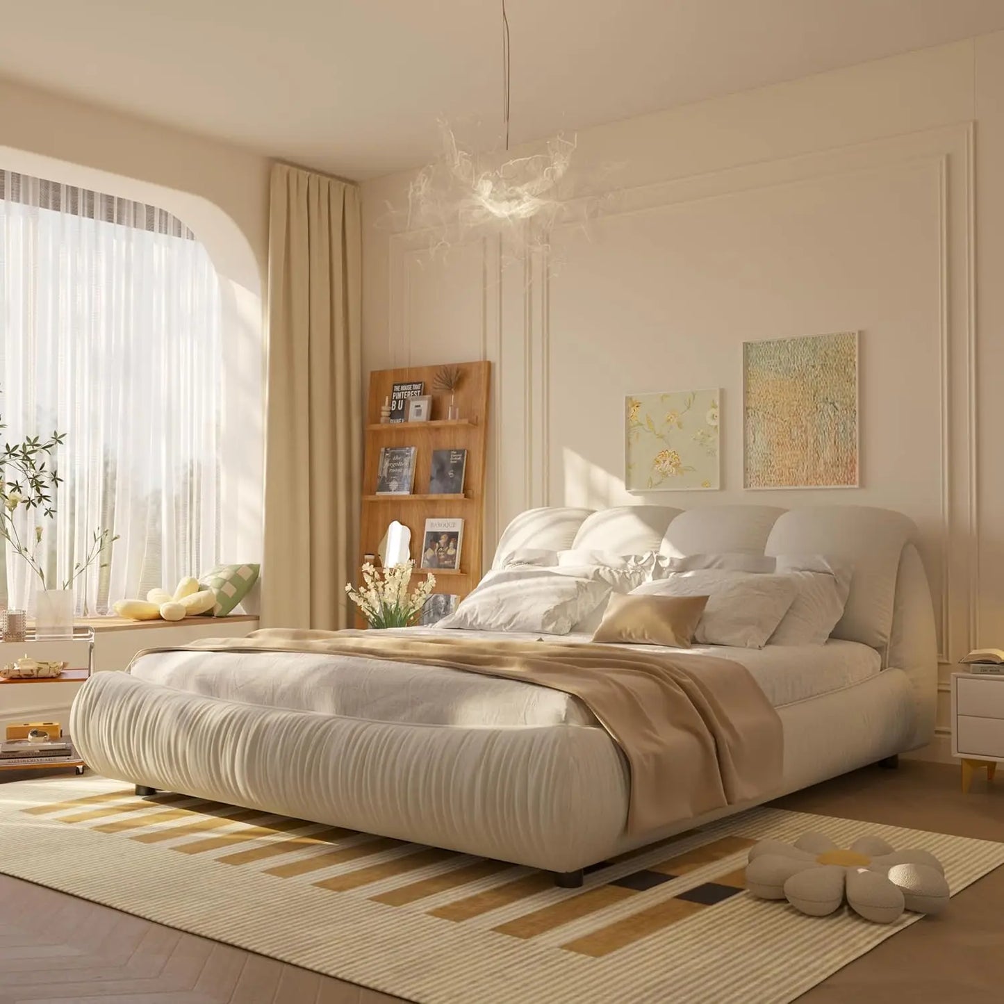 Deluxe king-size upholstered platform bed with upholstered backrest, soft-framed cloud bed, thickened pine slats, metal legs