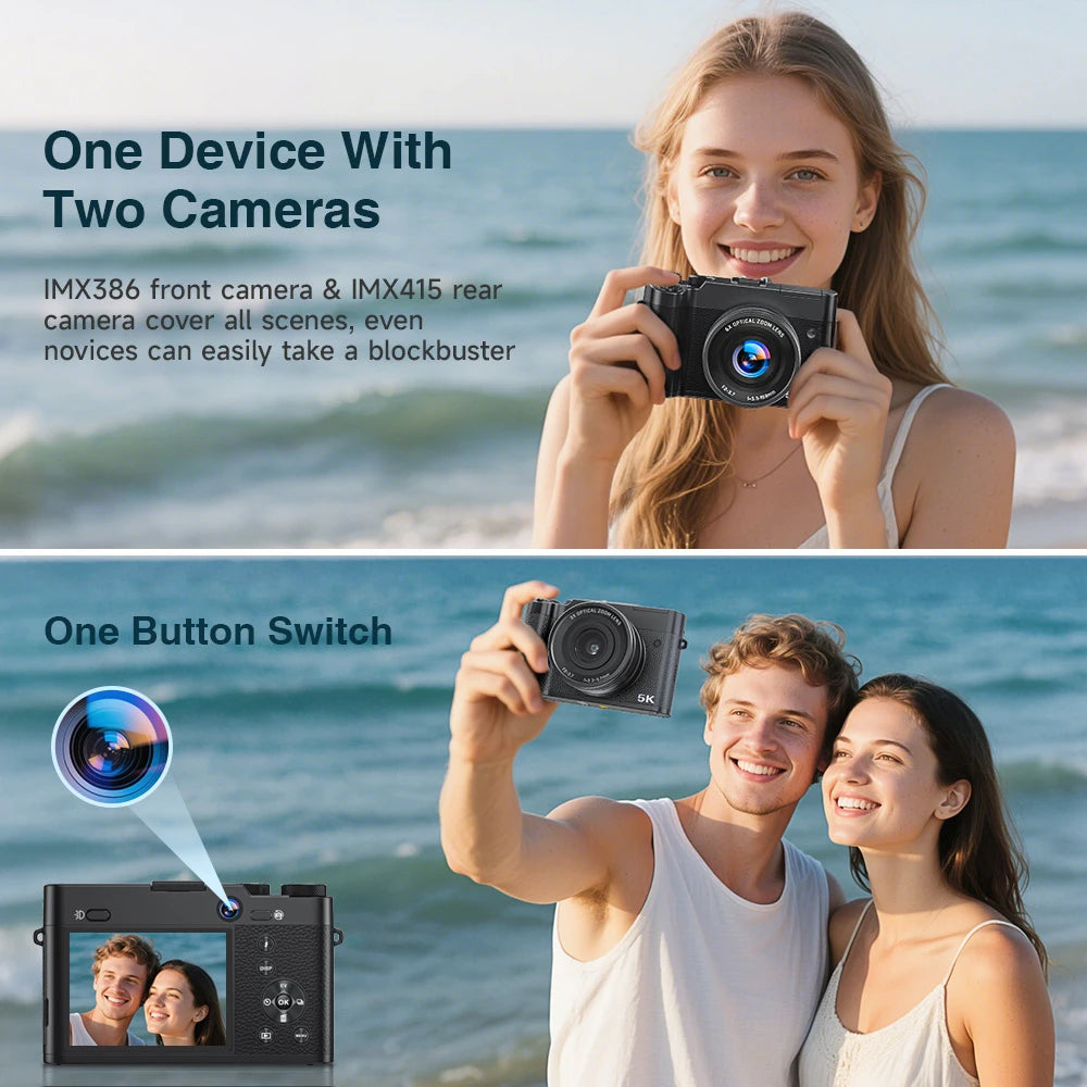 Digital Camera, 6X Optical Zoom & WiFi, 5K 30FPS 64MP Vlogging Camera, Rear & Front Cameras for Photography and Video, 64GB Card
