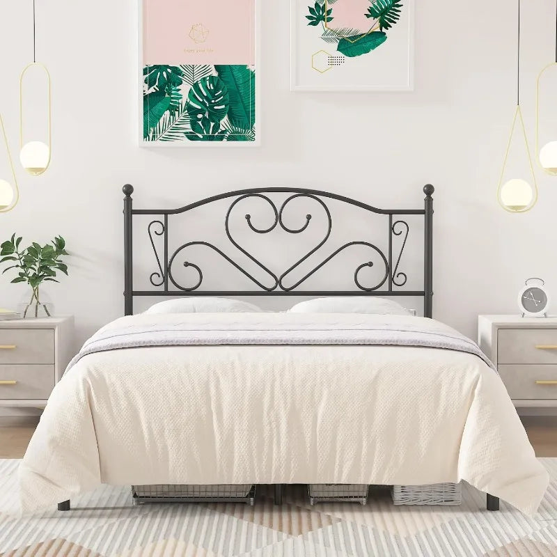 Full Size Bed Frame with Headboard, Heavy Duty Steel Slat Support Platform Under Bed Storage Space No Box Spring Needed, White