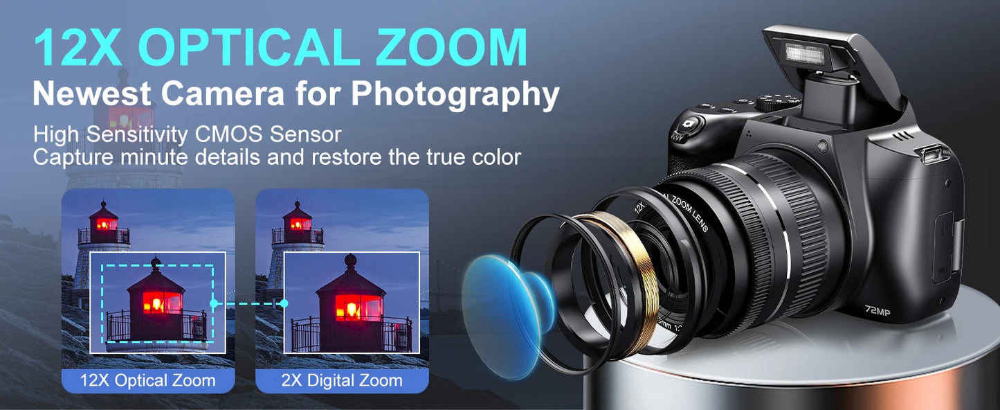 4K HD Digital Camera for Photography Auto Focus 12X Optical Zoom Vlogging Camera for YouTube 72MP WiFi Livestream Video Cameras