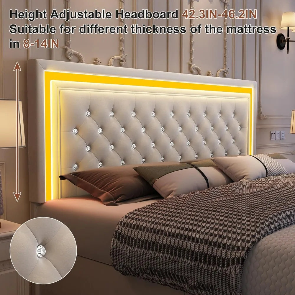 King Bed Frame with LED Lights, Storage Drawers, No Box Spring Needed, 900 lbs Capacity, Easy Assembly, bedroom furniture White