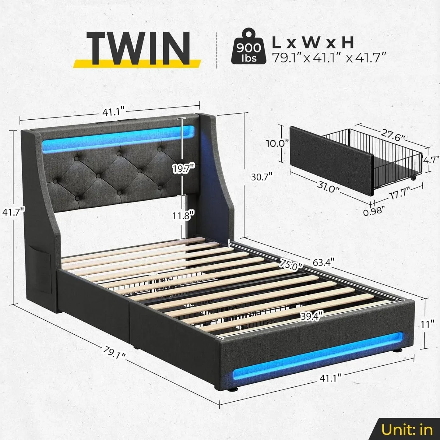Twin bed frame with LED lights and charging station, upholstered bed with drawers, wooden planks, noiseless and easy to assemble