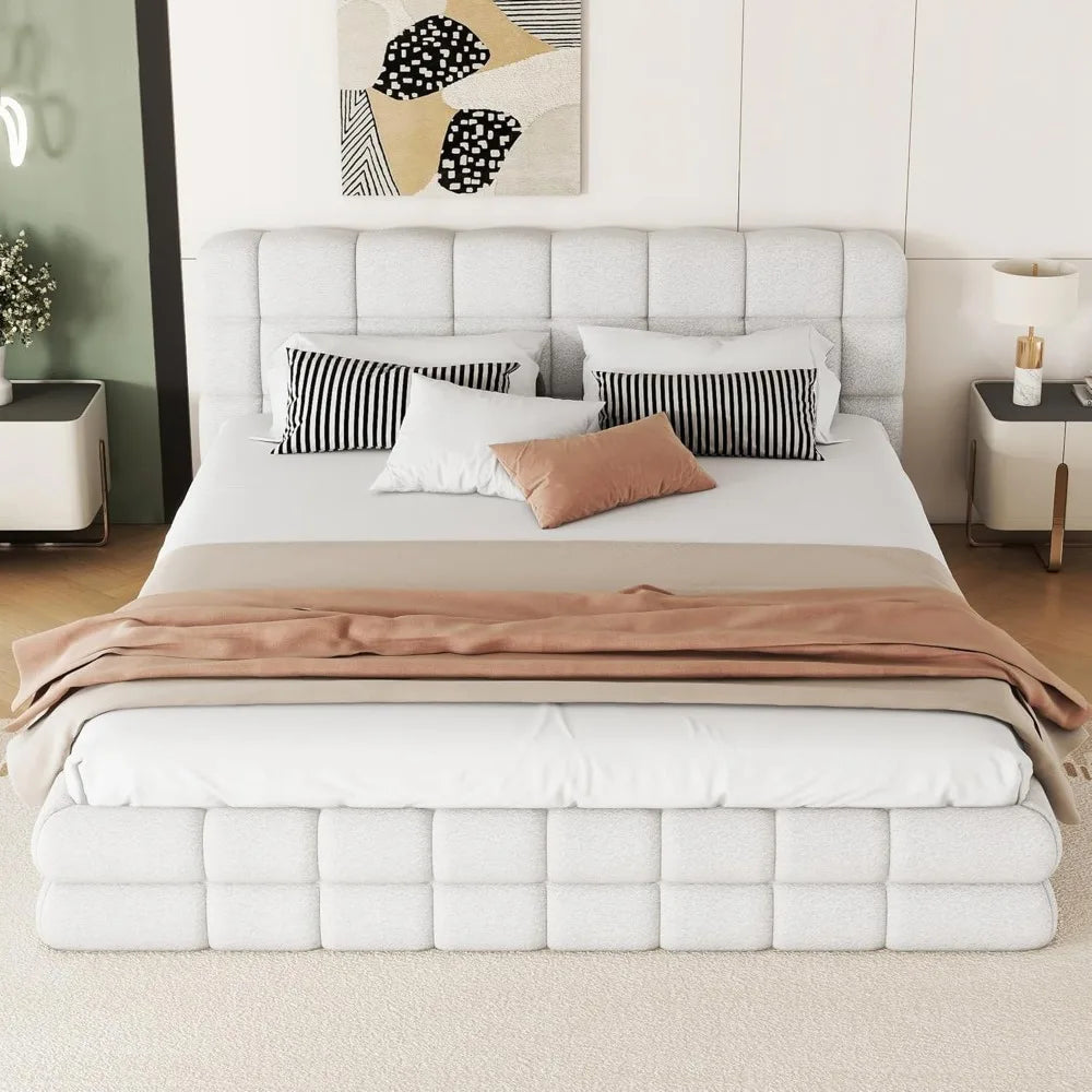 Large Cushioned Platform Bed Frame, Berber Wool Cushioned Grounded Bed with Solid Frame and Tufted Headboard