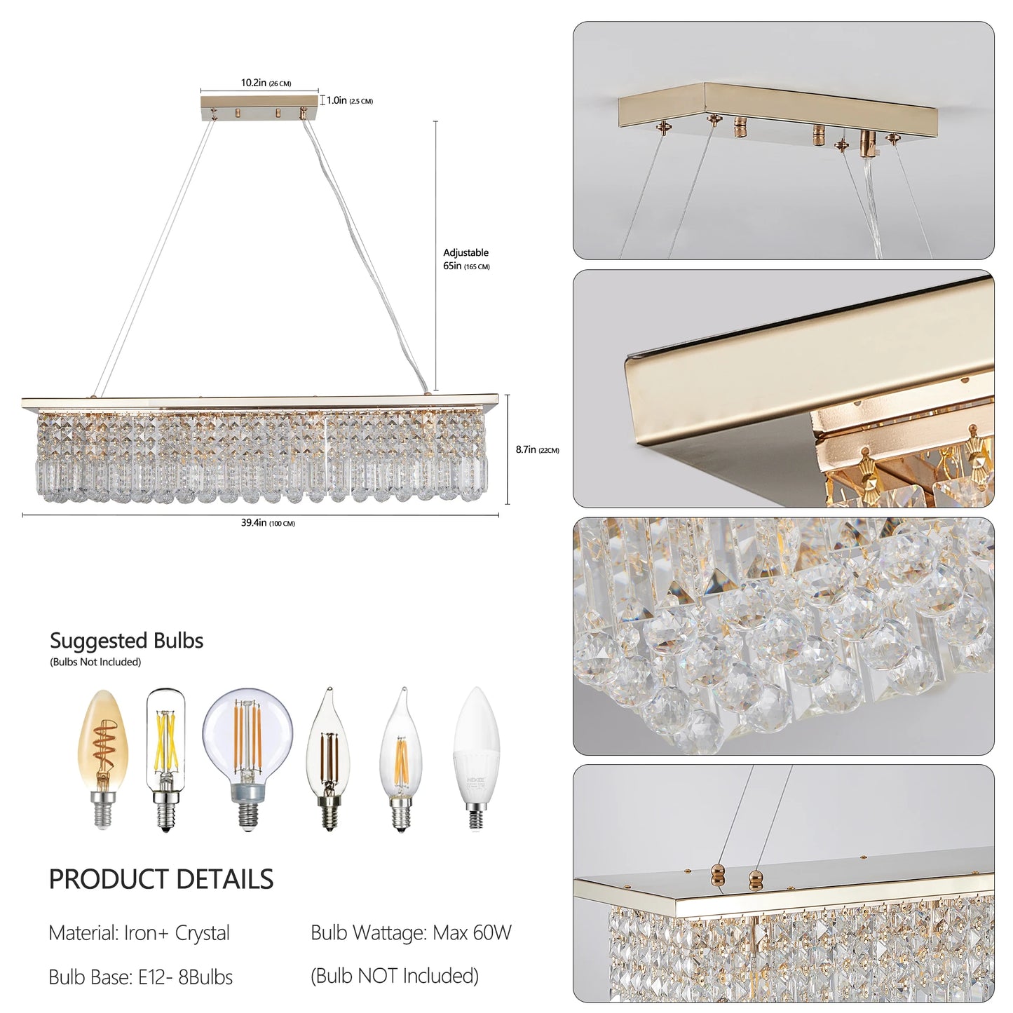 Modern Crystal Chandelier for Dining Room 8-Light Rectangle Raindrop Chandelier Contemporary Rectangular Fixture Pendant Light