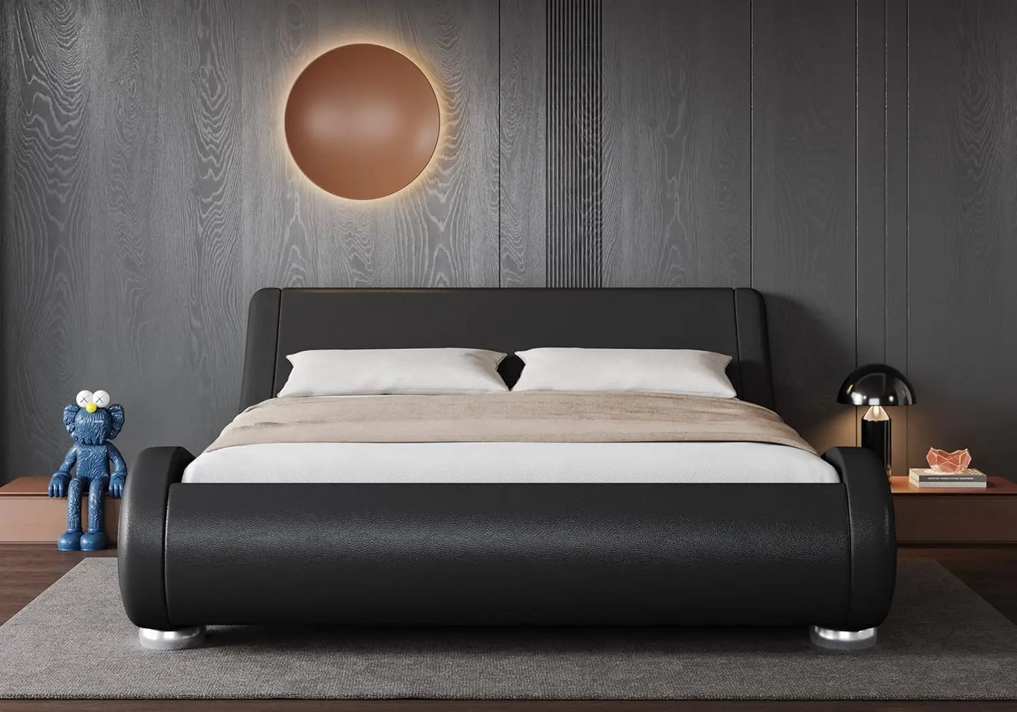 Upholstered Platform Bed Frame with Ergonomic & Adjustable Headboard, Modern Low Profile Sleigh Design