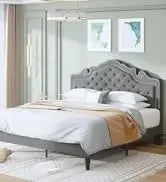 King Bed Frame Platform Bed,Linen Fabric Upholstered Headboard and Wooden Slats Support,Heavy Duty Mattress Foundation,Beige