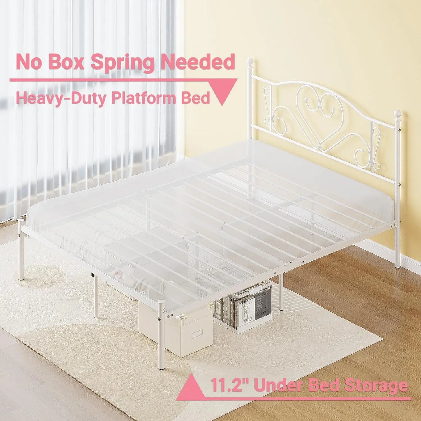 Full Size Bed Frame with Headboard, Heavy Duty Steel Slat Support Platform Under Bed Storage Space No Box Spring Needed, White