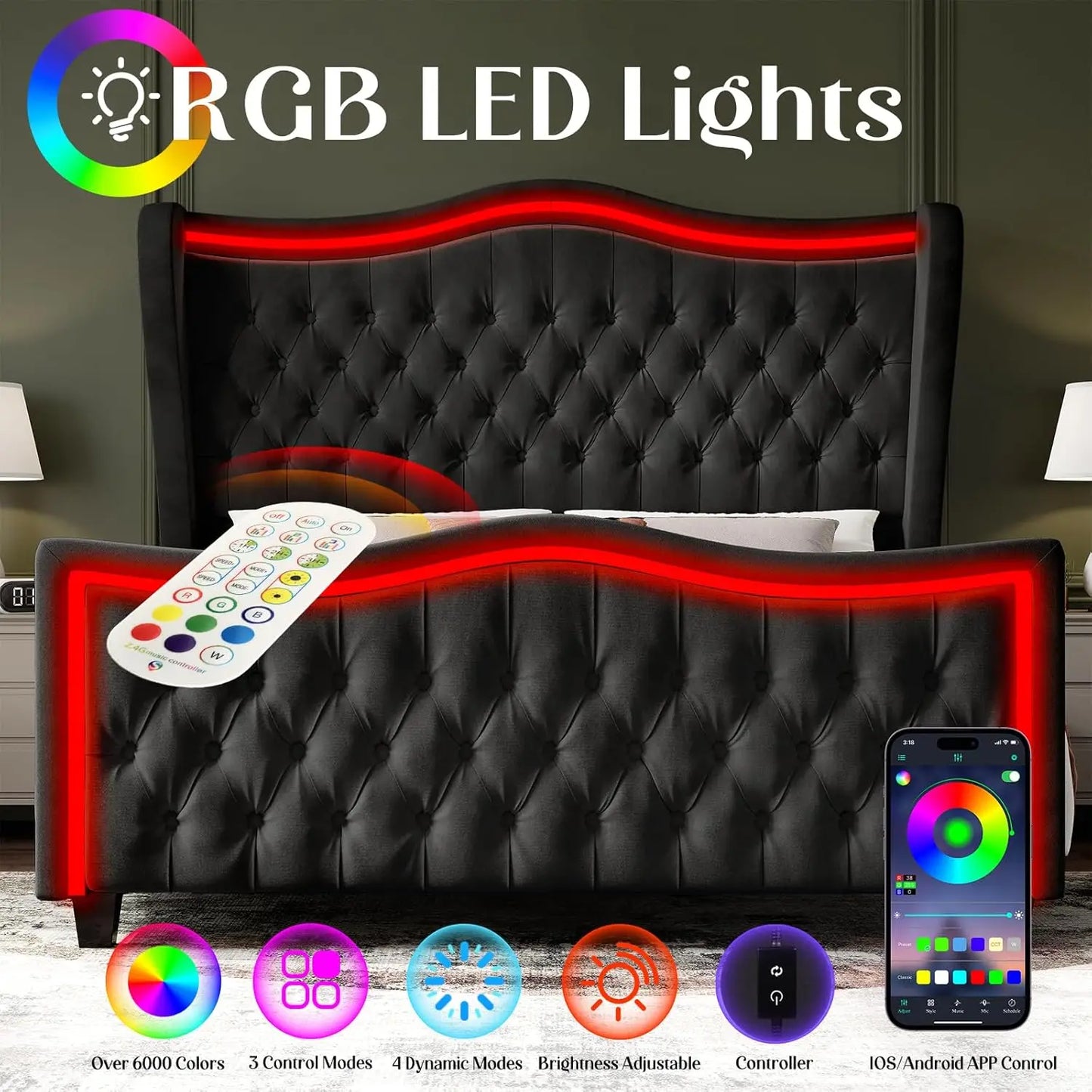 King Size Bed Frame with LED Lights, 53'' Upholstered Platform Wingback Bed with Handmade Deep Button Tufted Headboard Footboard