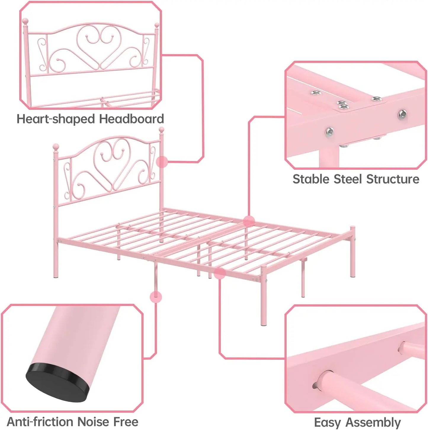 Full Size Bed Frame with Headboard, Heavy Duty Steel Slat Support Platform Under Bed Storage Space No Box Spring Needed, White