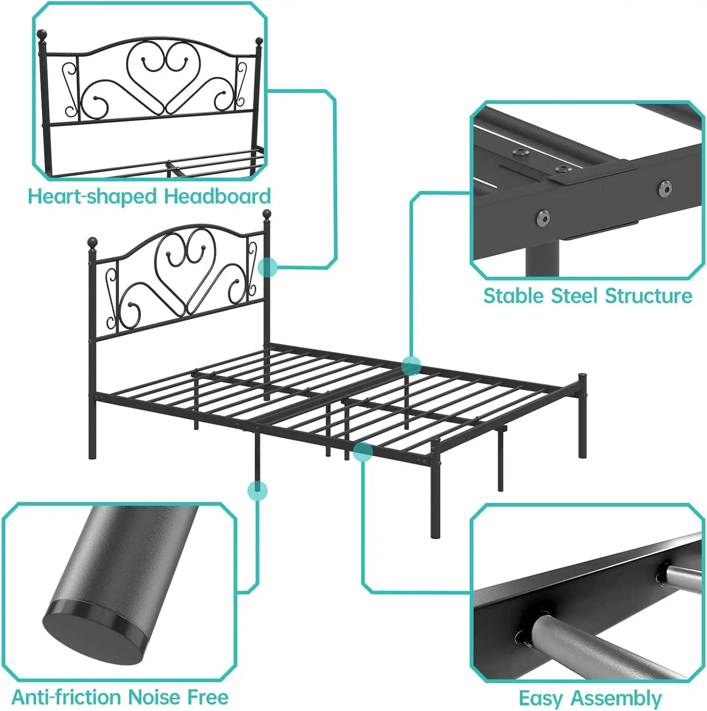 Full Size Bed Frame with Headboard, Heavy Duty Steel Slat Support Platform Under Bed Storage Space No Box Spring Needed, White
