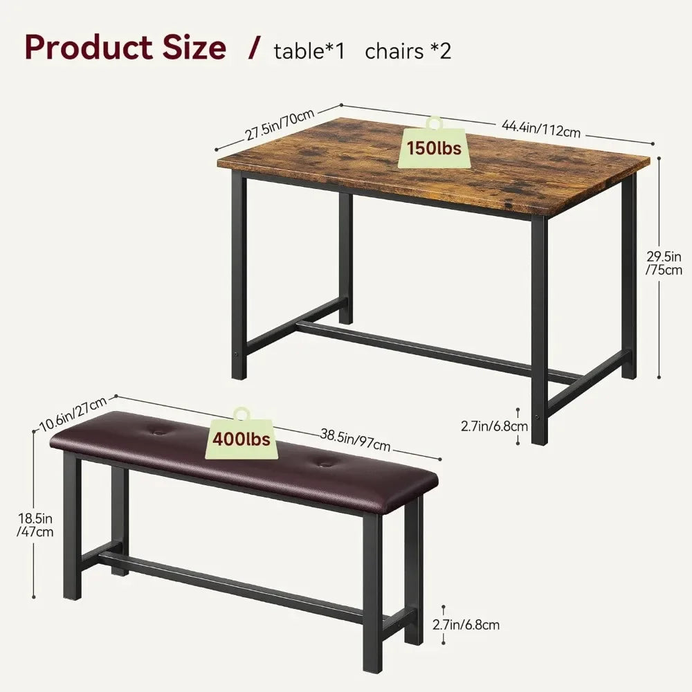 Dining Table Set for 4, Kitchen Table with Benches, Rectangular Dining Room Table Set with 2 Metal Wood Benches, 3 Piece Dining