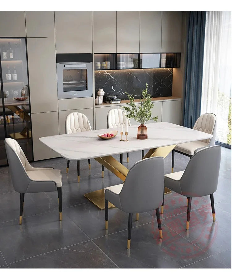 Mavisun Italian Dining Table Set 6 Chairs Ivory Home Console White Finish Sintered Stone Rock Plate Top Concise Salon Furniture
