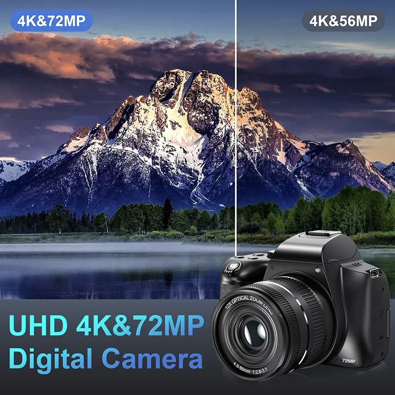 72MP Digital Camera 180° Flip Screen 3 lnch SLR DSLR 4K Camera for Photography 12X Optical Zoom Autofocus Anti-Shake Camera