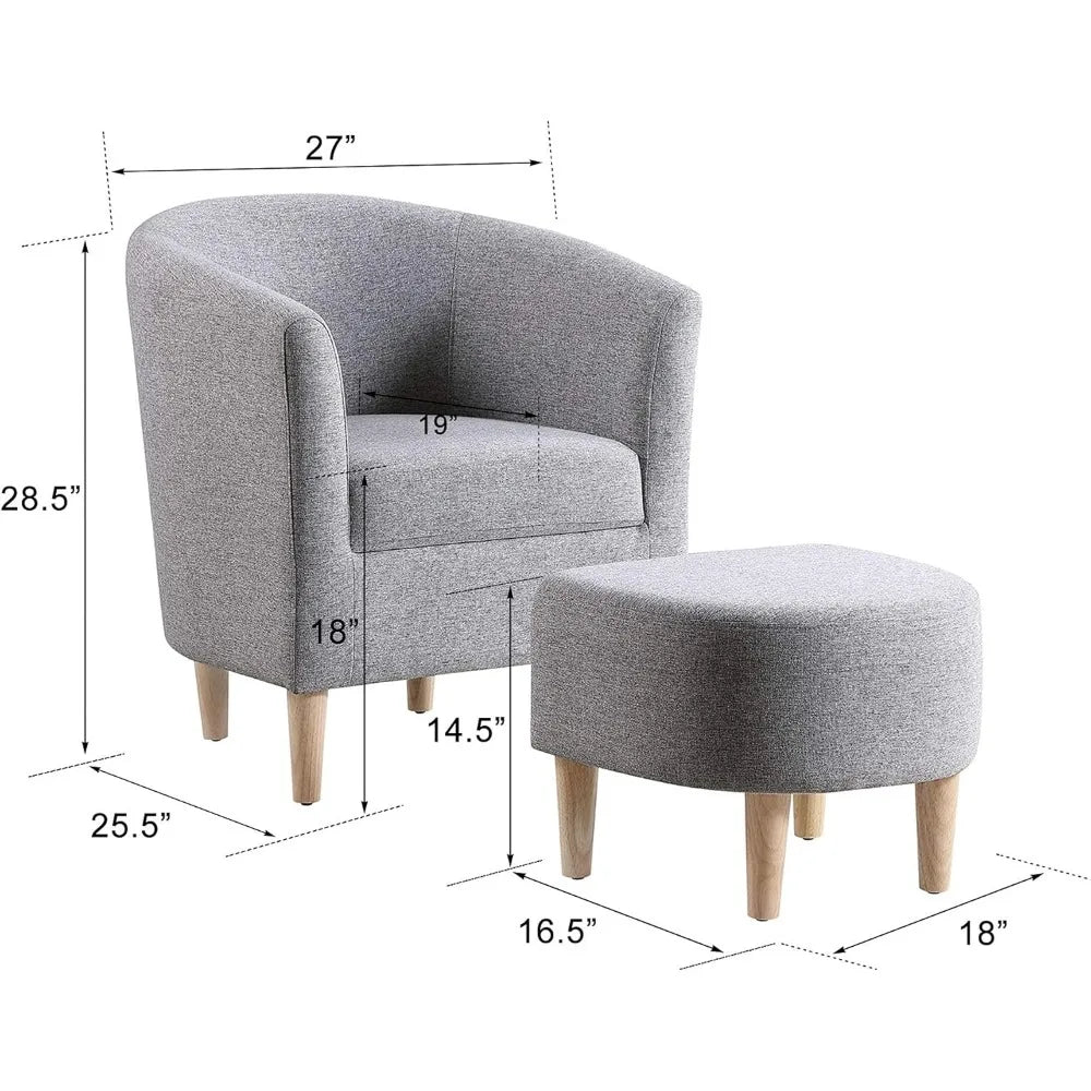Mid Century Modern Barrel Comfy Fabric Armchair and Footrest Set, Upholstered Club Tub Round Arms Chair for Living Room Bedroom