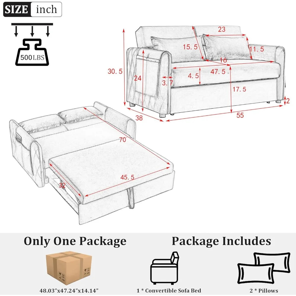 3 in 1 Pull Out Convertible Sofa Bed-Velvet Sleeper Sofa with 3Level Adjustable Backrest,Tufted Love Seat w/ 2Pockets & 2Pillows