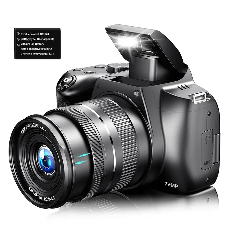 72MP Digital Camera 180° Flip Screen 3 lnch SLR DSLR 4K Camera for Photography 12X Optical Zoom Autofocus Anti-Shake Camera