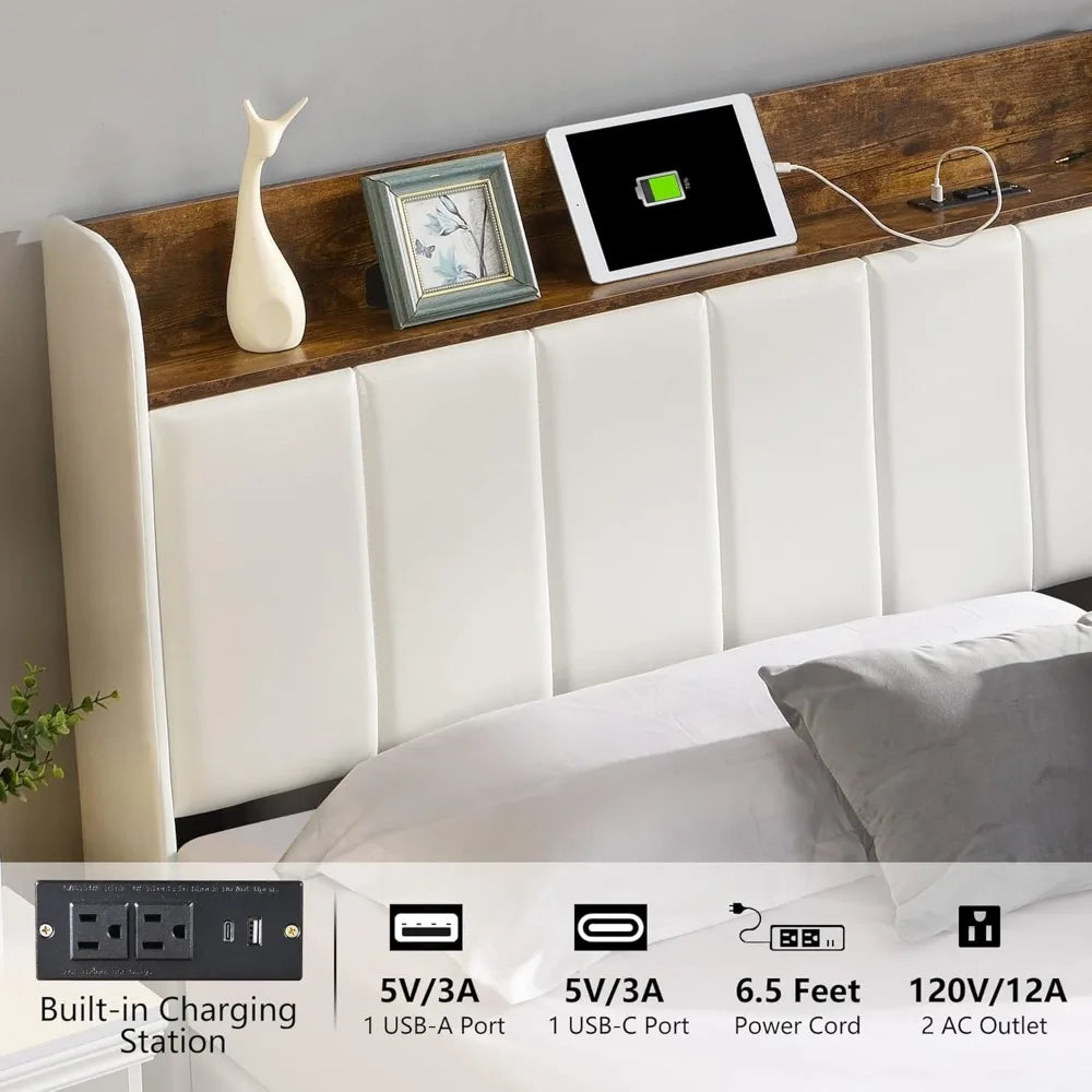 Upholstered Bed Frame Queen Size with Headboard with Storage Drawers & Charging Station,No Box Spring Needed/Heavy Duty