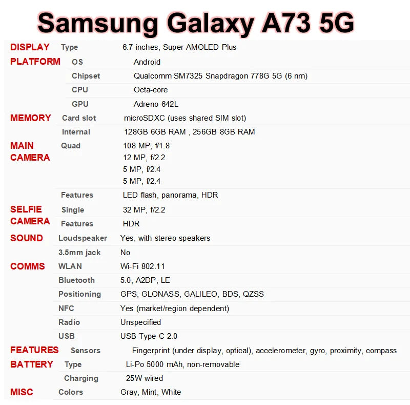 Original Samsung Galaxy A73 A736B Dual Sim 6.7" AMOLED 128GB 26GB ROM Snapdragon Octa Core NFC 5G Mobile Phone