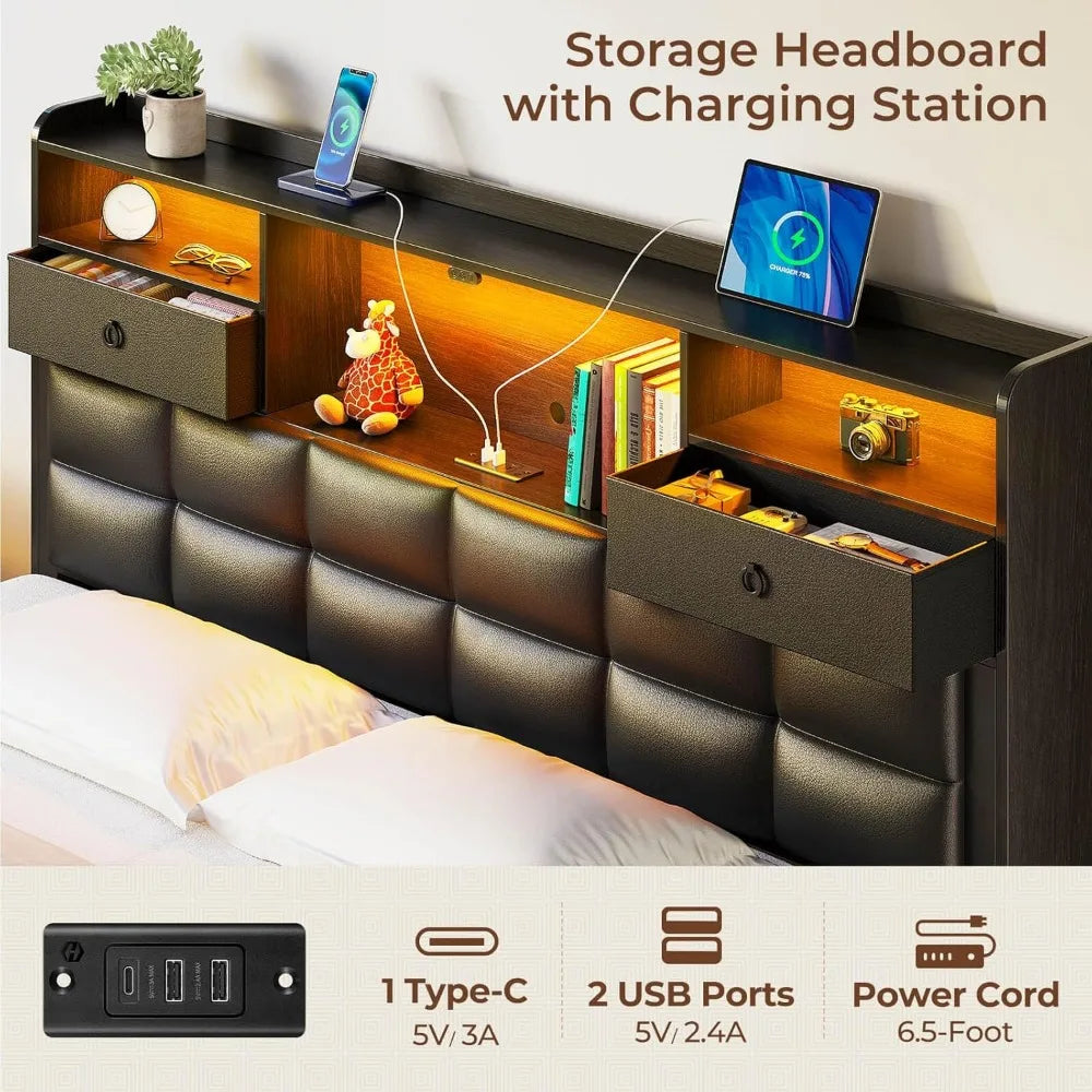 Bed Frame Full Size with Drawers and Charging Station, Upholstered Platform Bed with Storage Headboard and LED Light, Heavy Duty