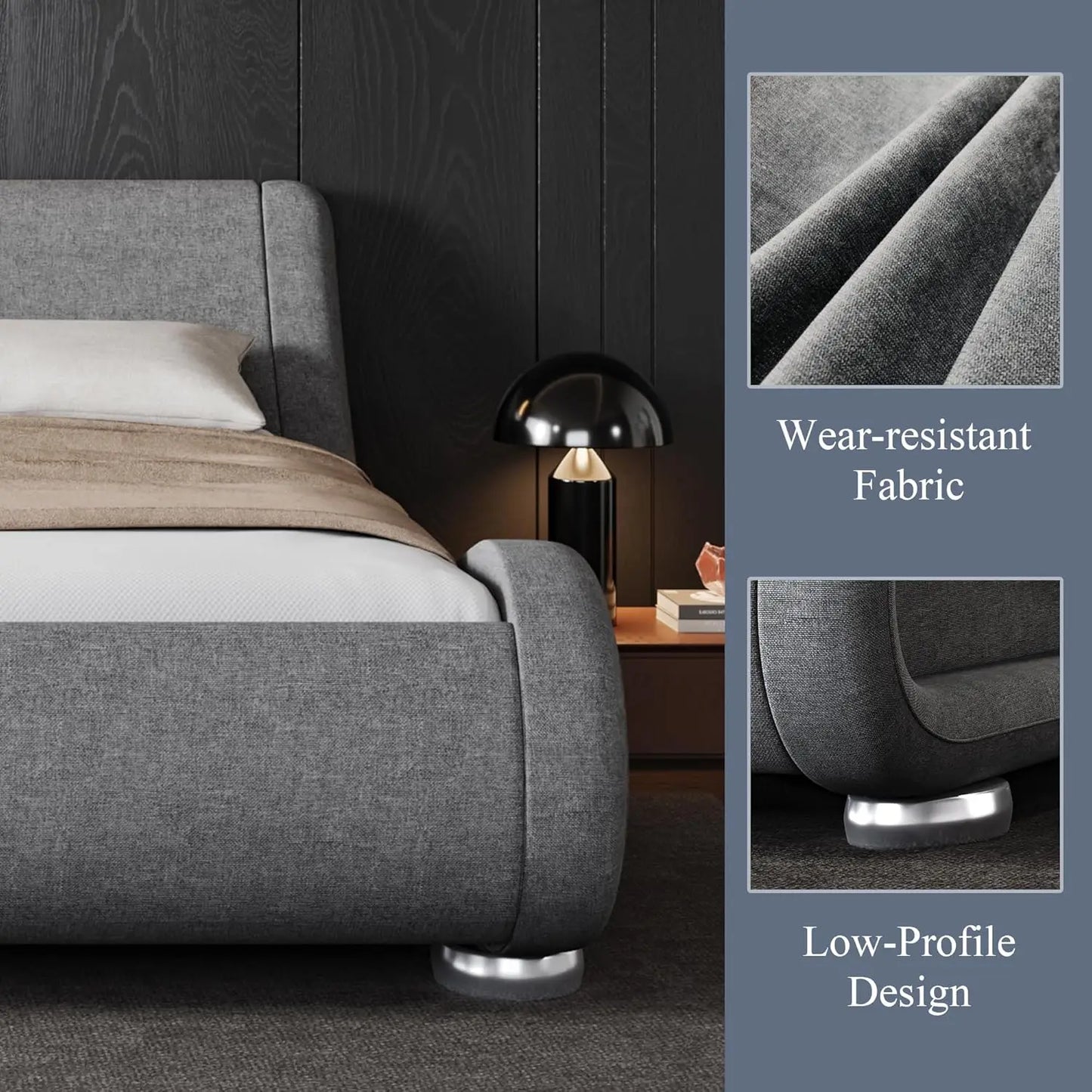 Upholstered Platform Bed Frame with Ergonomic & Adjustable Headboard, Modern Low Profile Sleigh Design