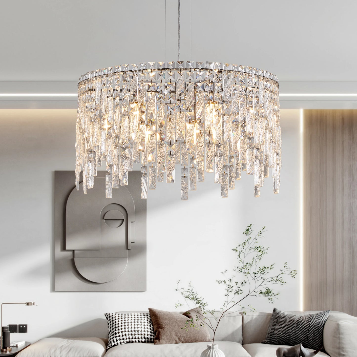 Chrome Elegant Crystal Chandelier Modern Ceiling Light Fixture with Reflective Hanging Crystals for Living Room and Foyers