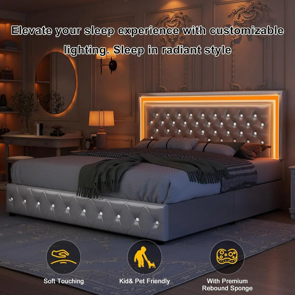 King Bed Frame with LED Lights, Storage Drawers, No Box Spring Needed, 900 lbs Capacity, Easy Assembly, bedroom furniture White