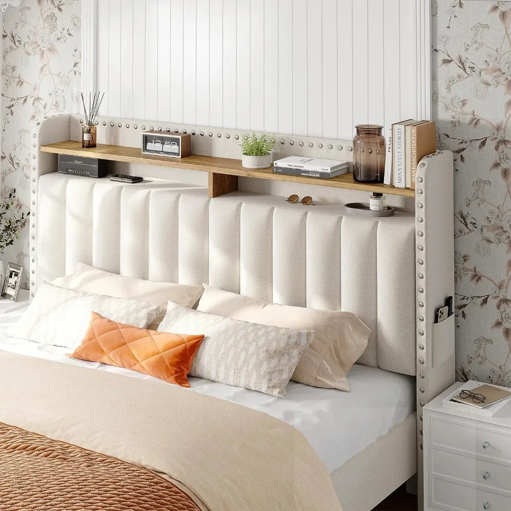 Queen Bed Frame with Headboard and Storage, Upholstered Queen Bed Frame with Storage, Queen Size Bed Frame with 2 Drawer