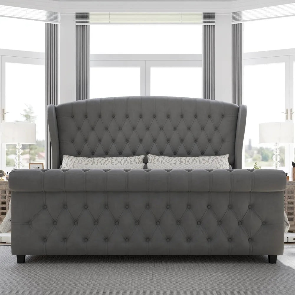 Queen Size Platform Bed Frame, Velvet Upholstered Sleigh Bed with Scroll Wingback Headboard & Footboard/Button Tufted Grey