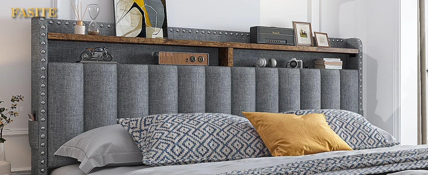 Bed Frame with 3 Storage Drawers,Queen Size Bed Frame with Headboard, Upholstered Platform Bed Frame Queen Size with Storage