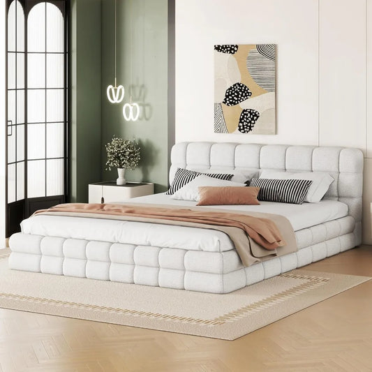 Large Cushioned Platform Bed Frame, Berber Wool Cushioned Grounded Bed with Solid Frame and Tufted Headboard