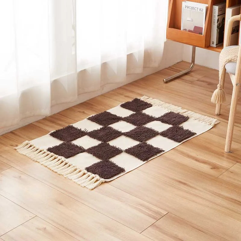 Vintage Nordic Style Cotton Linen Handmade Tassel Area Rug Checkerboard Tufted Floor Bedside Mat Living Room Bedroom Tapestry