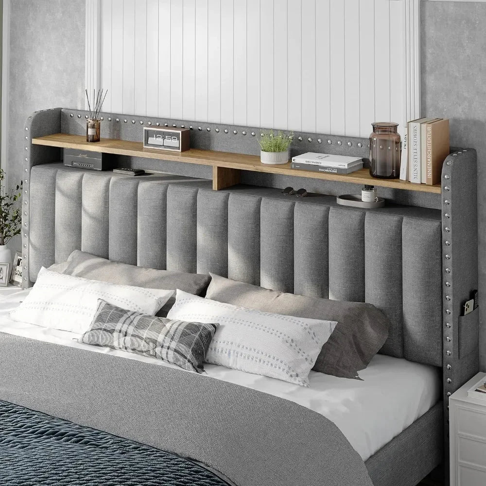 Queen Bed Frame with Headboard and Storage, Upholstered Queen Bed Frame with Storage, Queen Size Bed Frame with 2 Drawer