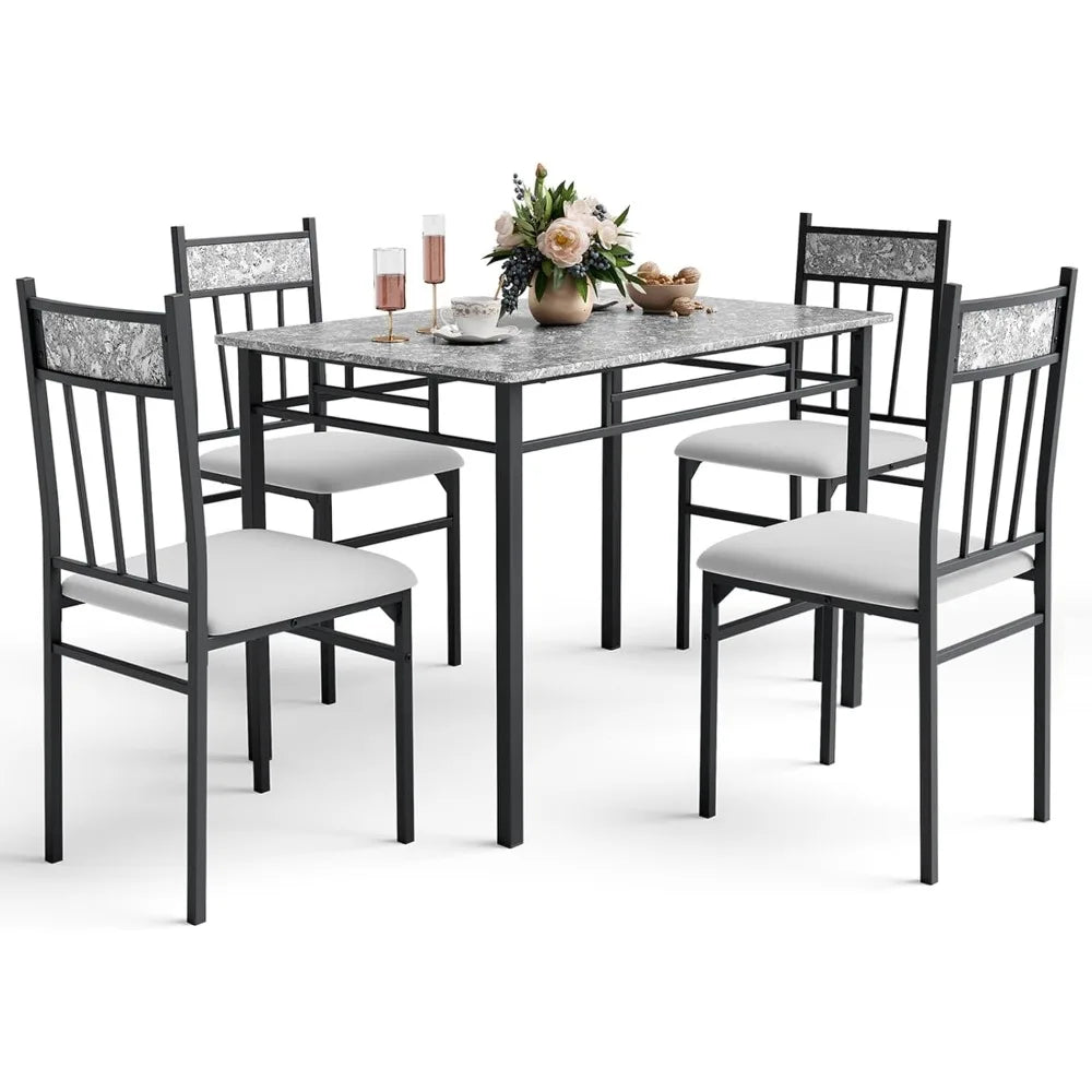 5-piece 4-person Dining Table Set, Imitation Marble Kitchen Table and Chairs 4-piece Set, Metal and Wooden Dining Table Set