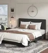 King Bed Frame Platform Bed,Linen Fabric Upholstered Headboard and Wooden Slats Support,Heavy Duty Mattress Foundation,Beige