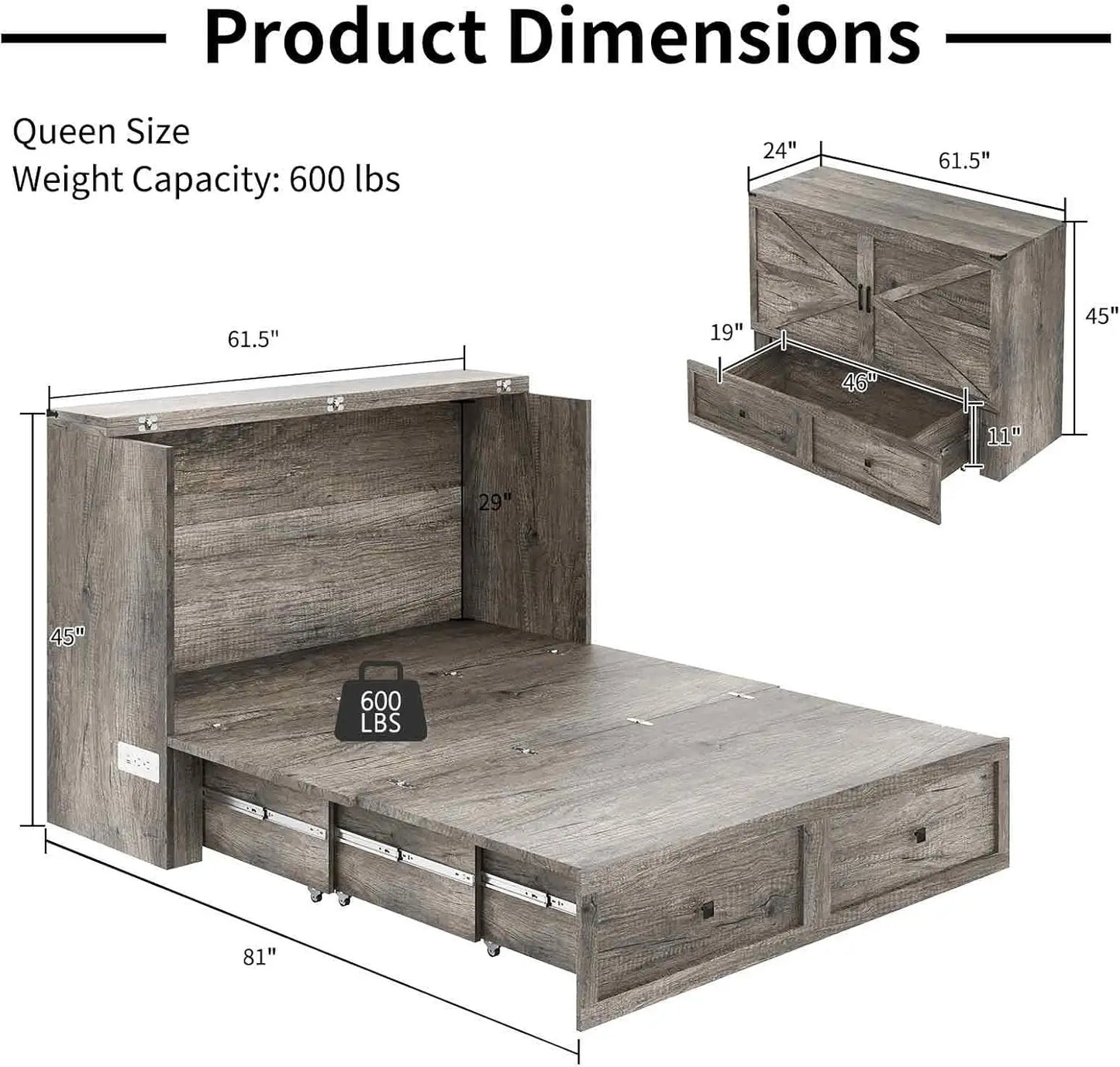 Full Size Murphy Bed, Cabinet Bed with Charging Station Large Storage Drawer for Home Office or Small Room, Hideaway Bed Full Fo